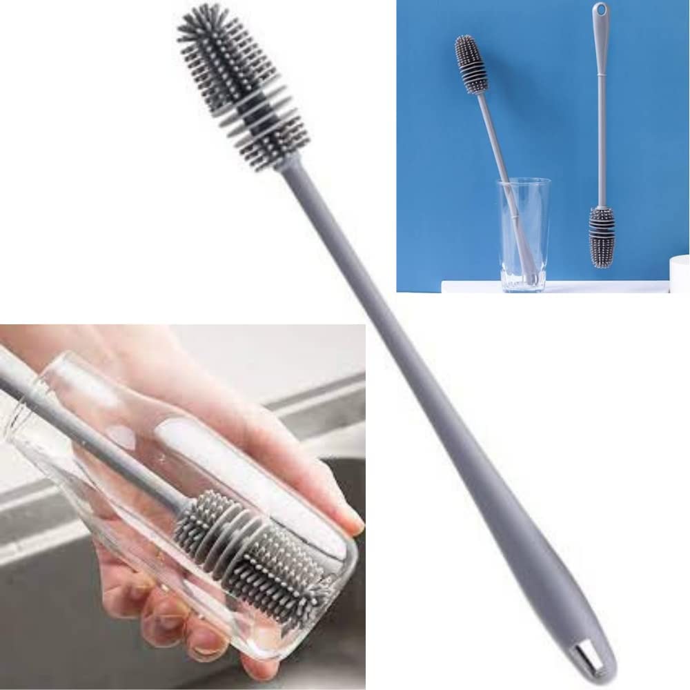 Bottle Cleaning Silicone Brush with Long Handle for Baby Bottle, Water Bottle, Narrow Neck, Containers, Vase and Glassware, Sports Bottle, Cleaning (Multicolor) Pack of 1