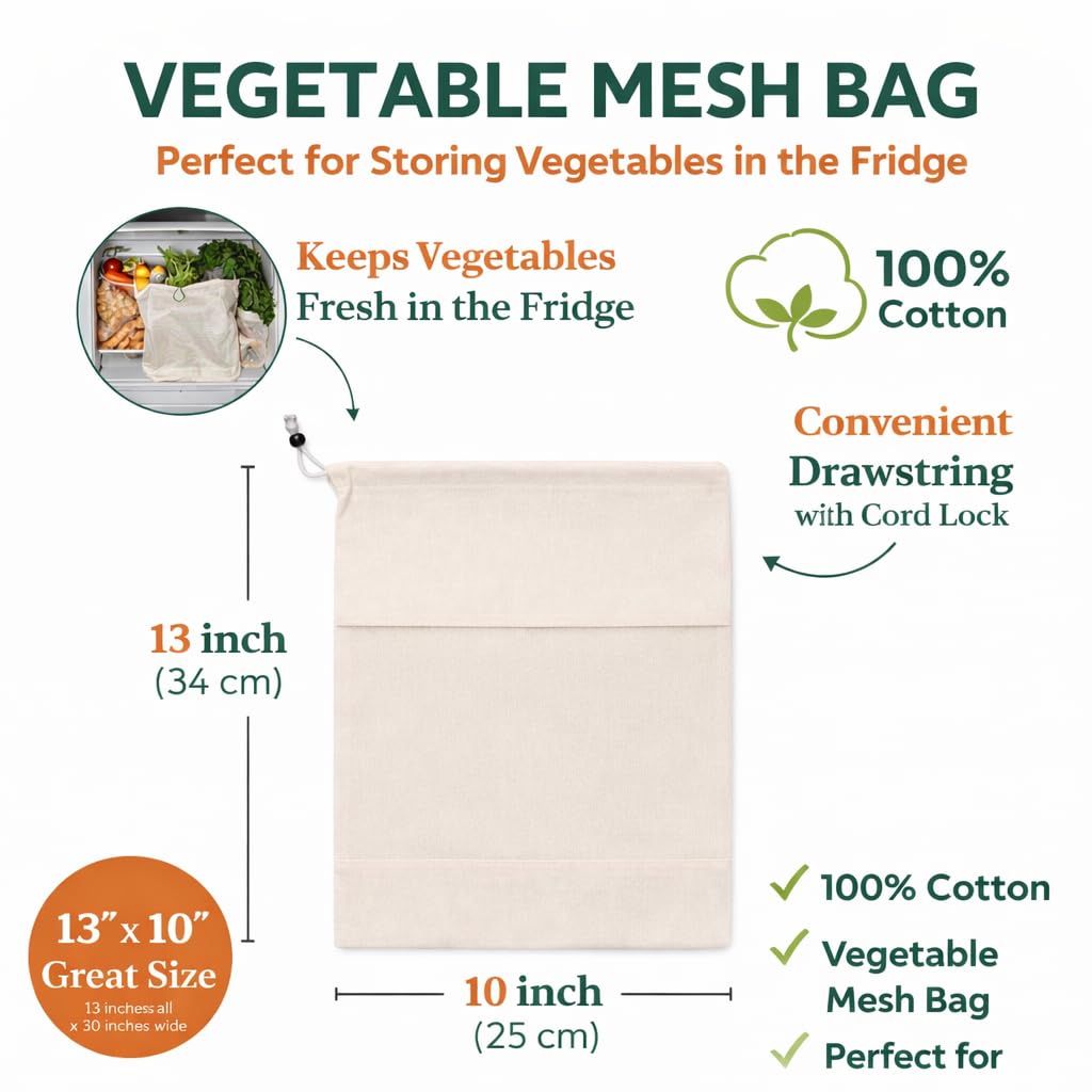 Pack of 8 Vegetable Mesh Storage Bags for Refrigerator | Reusable Cotton Produce Bags with Drawstring | Eco-Friendly Fridge Organizer for Fruits & Vegetables