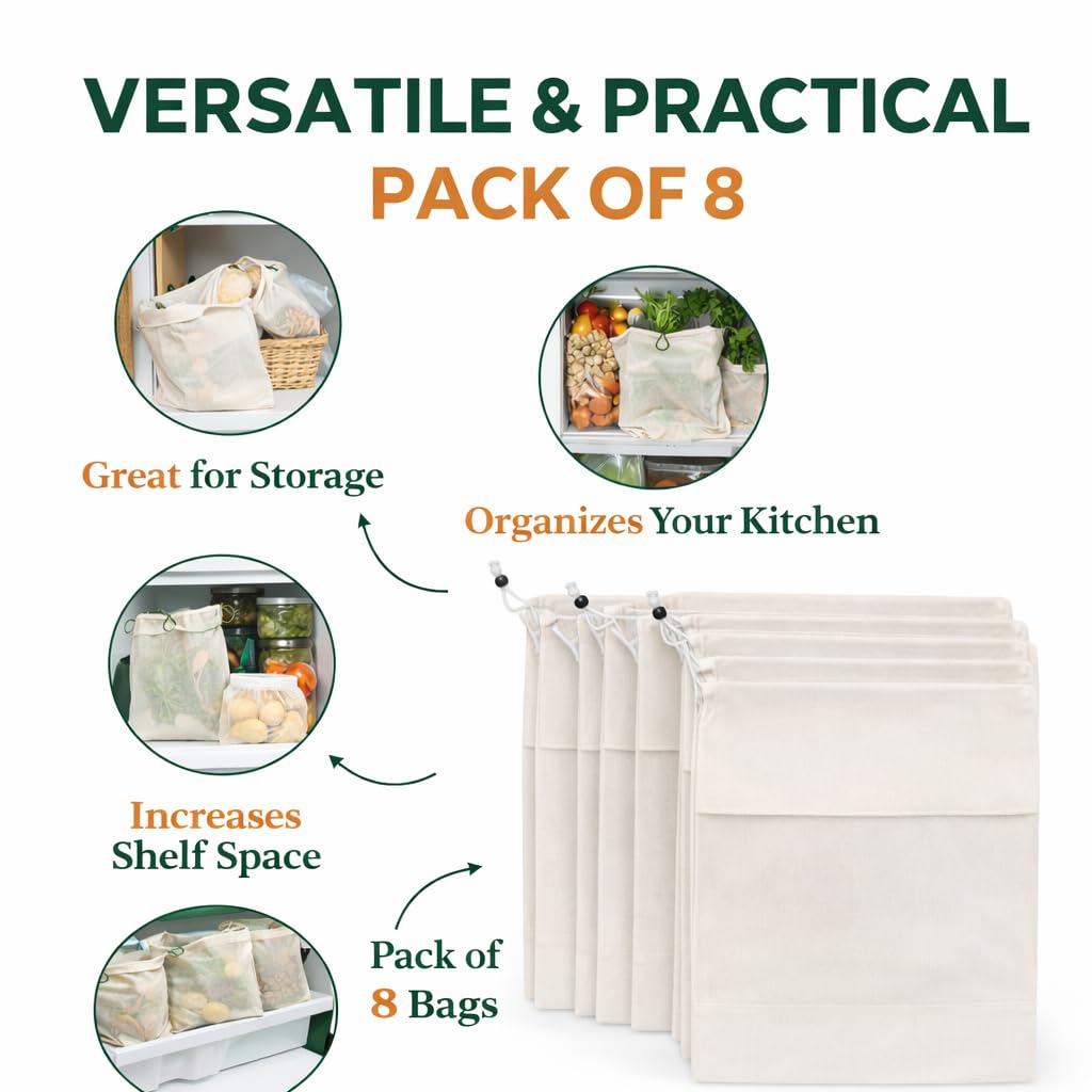 Pack of 8 Vegetable Mesh Storage Bags for Refrigerator | Reusable Cotton Produce Bags with Drawstring | Eco-Friendly Fridge Organizer for Fruits & Vegetables