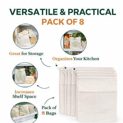 Pack of 8 Vegetable Mesh Storage Bags for Refrigerator | Reusable Cotton Produce Bags with Drawstring | Eco-Friendly Fridge Organizer for Fruits & Vegetables