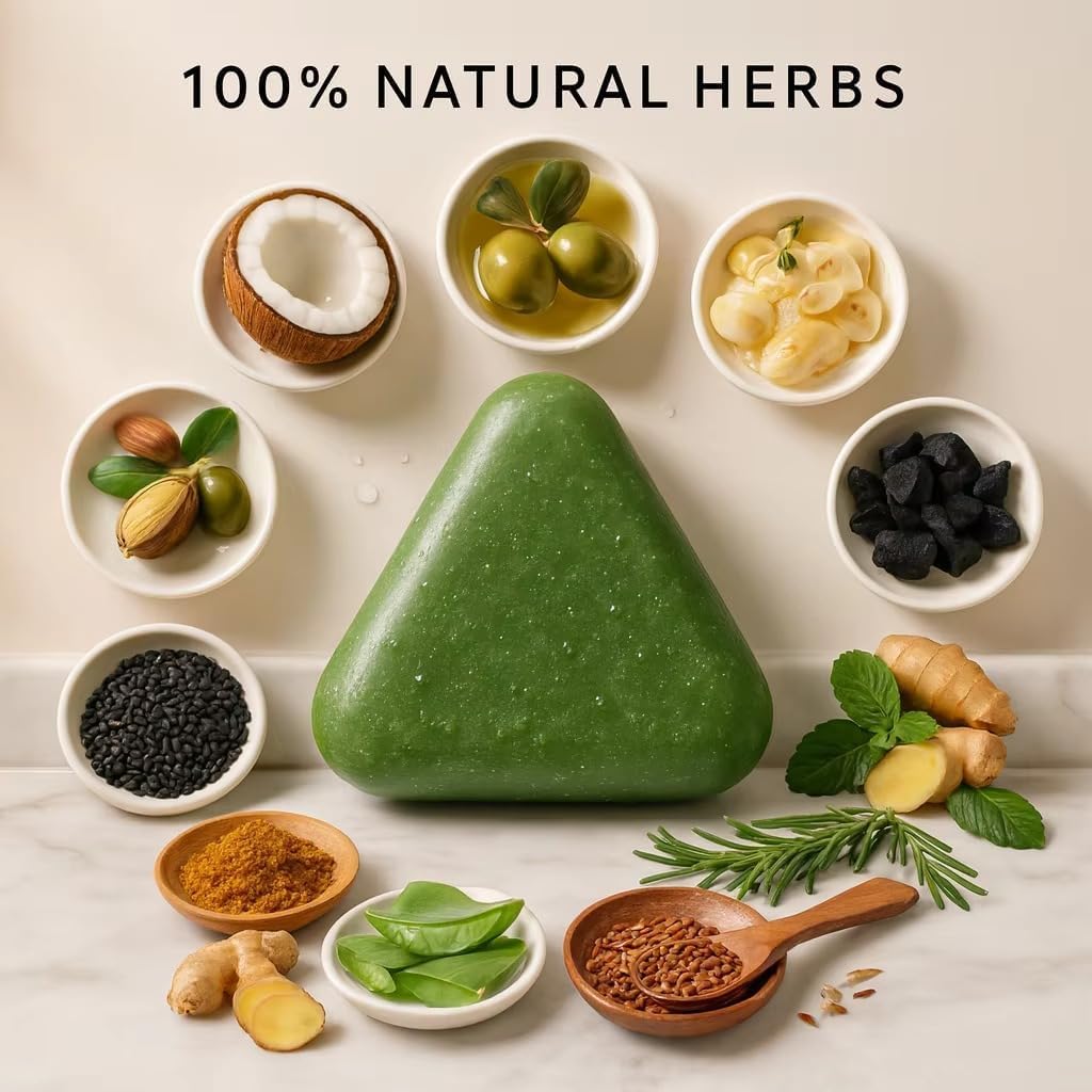 Nature Herbal Seven Green Triangle Shampoo Bar Soap with multyfunction, Oil Control, Dandruff Removal, Smoothening, Platycladus Usman Grass Hair Care 100g (Pack Of 1)
