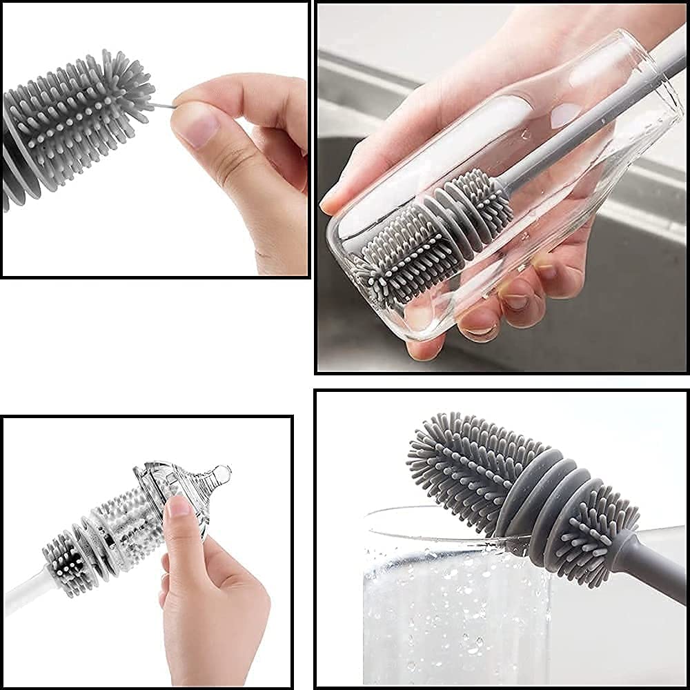 Bottle Cleaning Silicone Brush with Long Handle for Baby Bottle, Water Bottle, Narrow Neck, Containers, Vase and Glassware, Sports Bottle, Cleaning (Multicolor) Pack of 1