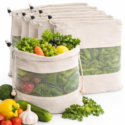 Pack of 8 Vegetable Mesh Storage Bags for Refrigerator | Reusable Cotton Produce Bags with Drawstring | Eco-Friendly Fridge Organizer for Fruits & Vegetables