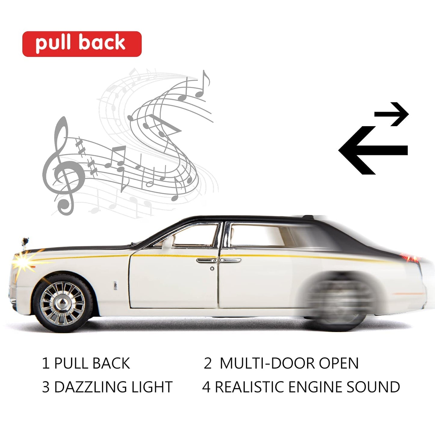 Scale Rolls Royce Phantom Exclusive Alloy Metal Pull Back Die-cast Car Scale Model with Sound Light Mini Auto Toy for Kids Metal Model Toy Car with Sound and Light [White]