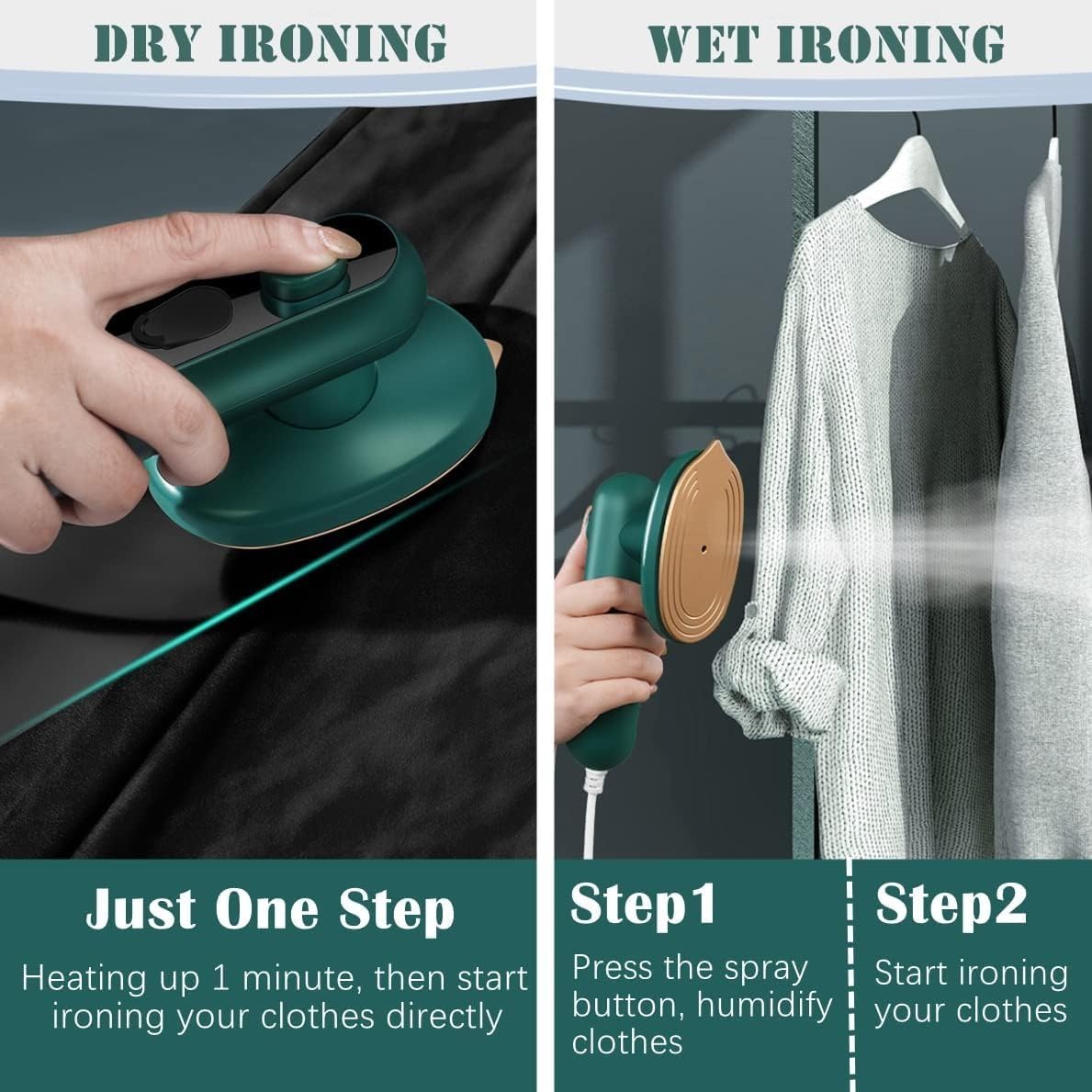 Portable Micro Steam iron, green iron Handheld Garment Steamer, Dry And Wet Wrinkles Removing | Lightweight Travel Friendly Steamer for Home Office Fast Heat Mini Ironing Machine