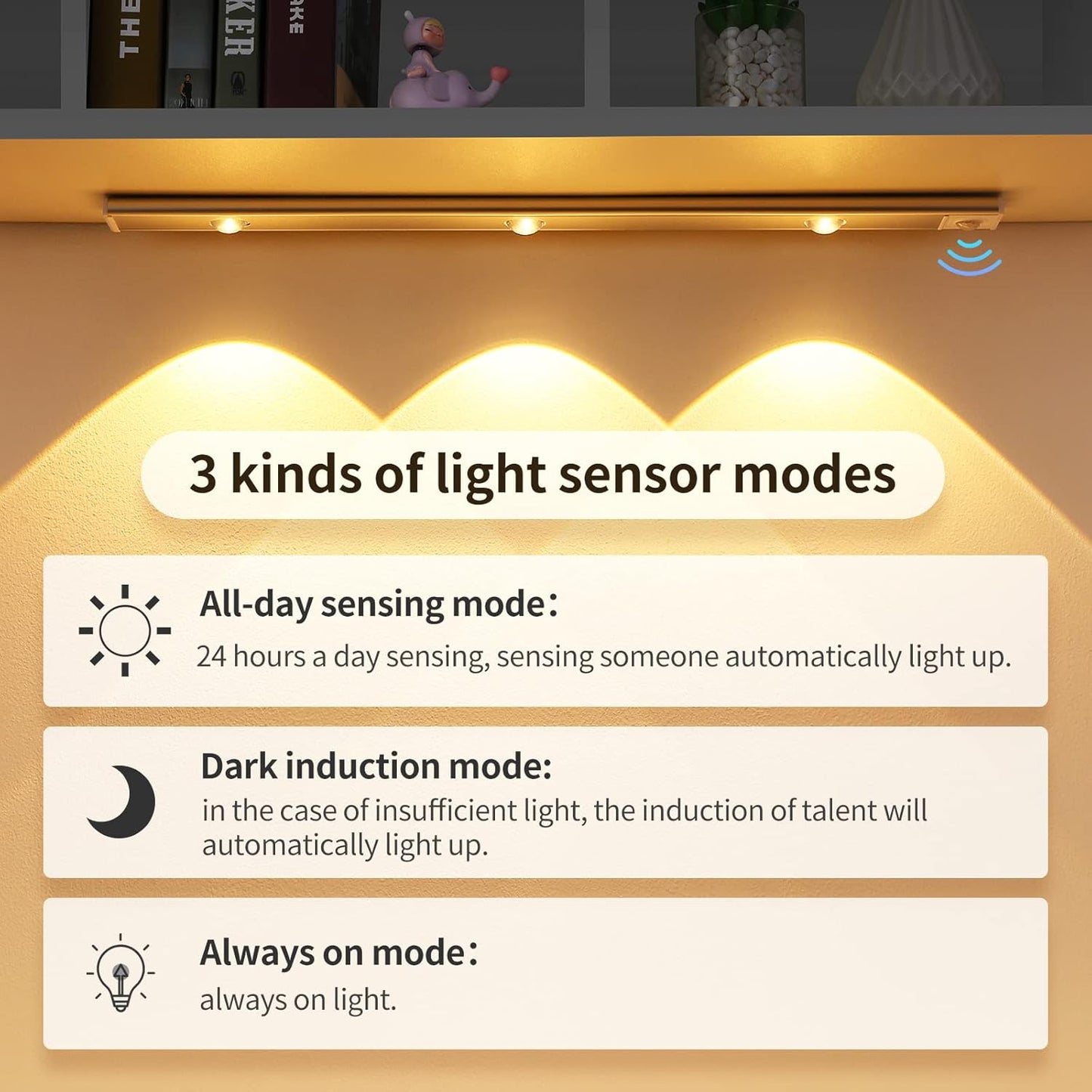 Under Cabinet Lights LED Motion Sensor Indoor, USB Rechargeable ,3 Light Modes Stepless Dimming Hill Light, 6500K Night Light for Closet Cabinet Kitchen Wardrobe (15.74in/40cm)