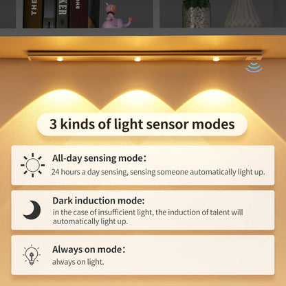Under Cabinet Lights LED Motion Sensor Indoor, USB Rechargeable ,3 Light Modes Stepless Dimming Hill Light, 6500K Night Light for Closet Cabinet Kitchen Wardrobe (15.74in/40cm)