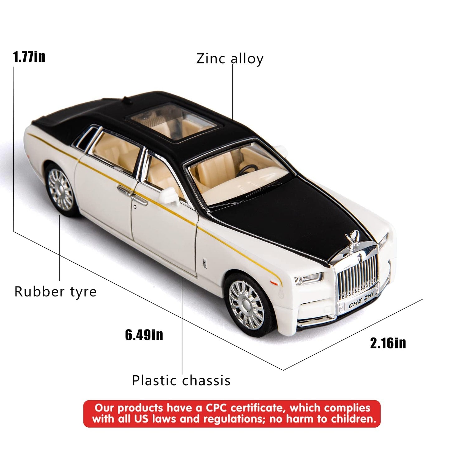 Scale Rolls Royce Phantom Exclusive Alloy Metal Pull Back Die-cast Car Scale Model with Sound Light Mini Auto Toy for Kids Metal Model Toy Car with Sound and Light [White]