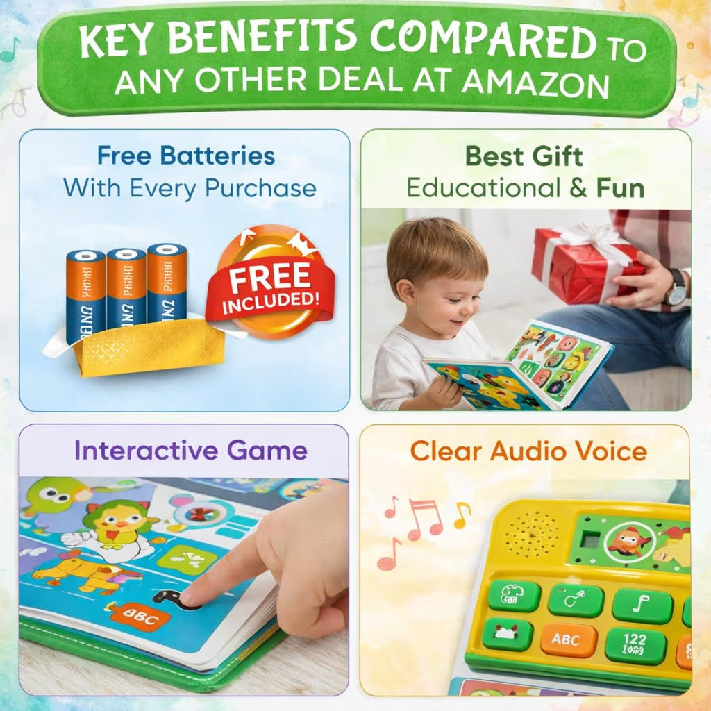 12-in-1 Interactive Musical Learning Book for Kids (1–5 Years) – Free Battery | Wonderful Gift | Learn and Play Sound Book with Fruits, Transportation and More | Educational Musical Toy