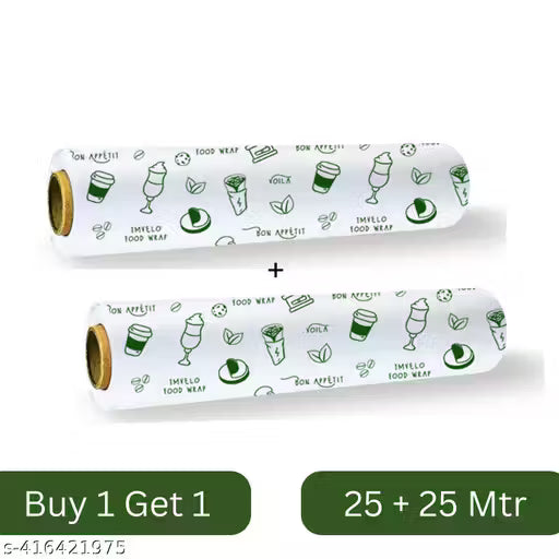(BOGO) Food Wrapping Paper Roll - 25 + 25 Mtr Free,Non-Stick, Oil Proof Butter Paper Roll, Reheatable Foil Paper for Food Wrap, Paper Foil for Chapati, Roti Wrap & More, Wrapping Paper for Food, Parchment Paper